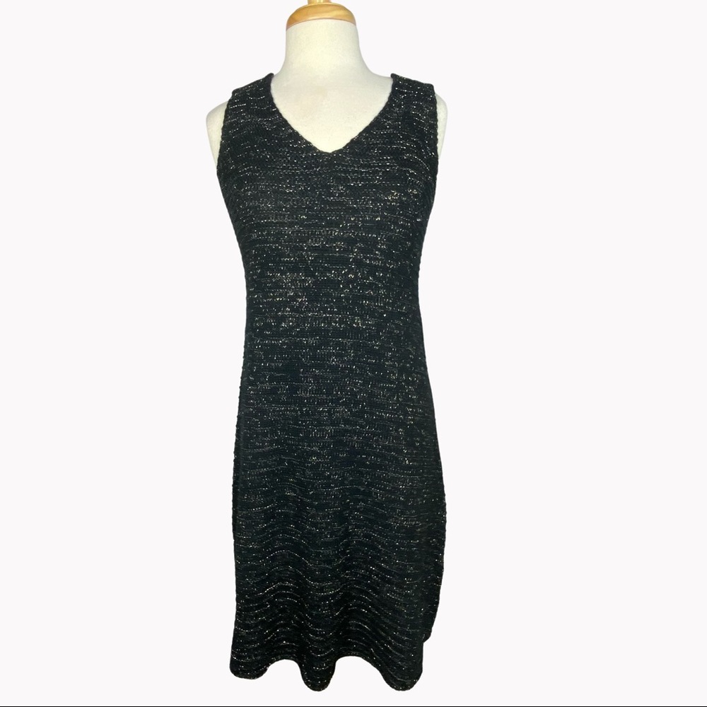 Soft Surroundings Vneck sweater sheath dress comfy black gold metallic size PM